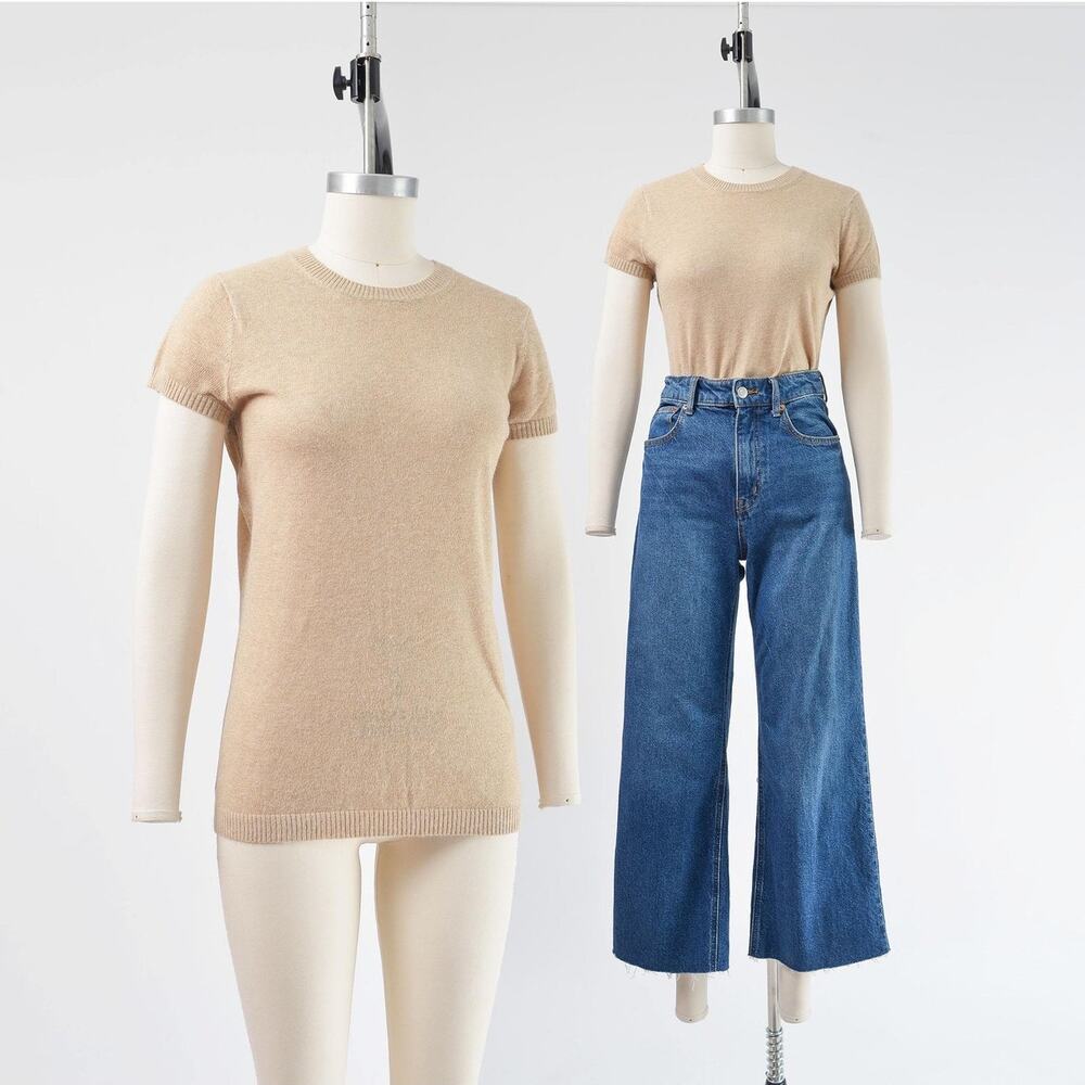Vintage 90s Tan Angora Cotton Sweater Short Sleeve Knit T-shirt Top size XS